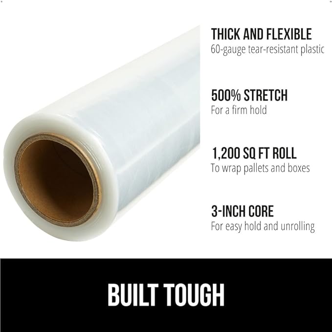 GORILLA GRIP 500% Stretch Film Heavy Duty Plastic, 2 Pack 1200ft Shrink Wrap Rolls 17" Puncture Resistant, Industrial Strength for Pallet Storing, Wrapping, Moving, Packing Furniture Protection Clear