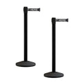 Crowd Control Warehouse CCW Series RBB-100 - Set of 2 Stanchion Retractable Belt Barriers - 9 Foot, Black"Please Wait HERE" White Letters Belt with Black Post - Easy Assembly