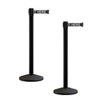 Crowd Control Warehouse CCW Series RBB-100 - Set of 2 Stanchion Retractable Belt Barriers - 9 Foot, Black"Please Wait HERE" White Letters Belt with Black Post - Easy Assembly