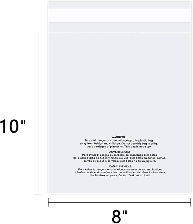 iMailer - 200 Count - 8" x 10" Clear Plastic Poly Bags with Suffocation Warning for Clothing, T-Shirt, Brochure, Prints, Handicraft Gift- Resealable Adhesive,Not Strong
