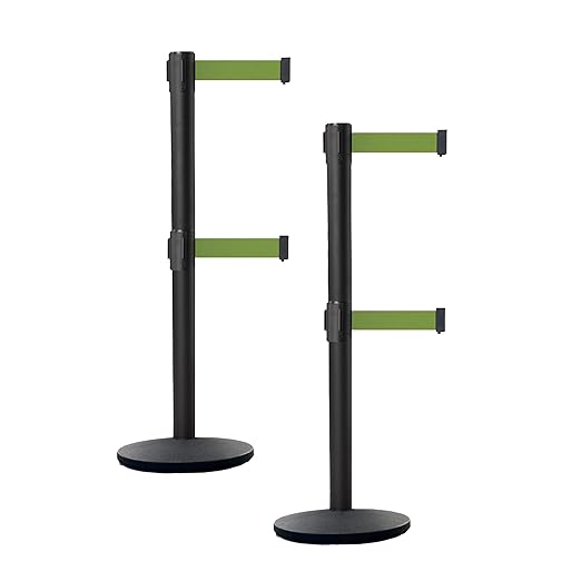 Crowd Control Warehouse CCW Set of 2 Dual Retractable Belt Barrier Stanchion, Cast Iron Base Black Post, IRBB-100D (9 Belt, Olive Belt)