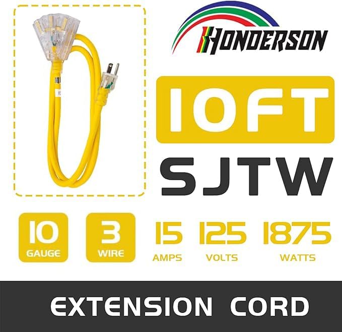 3-Outlets Indoor Outdoor Extension Cord Weatherproof with Lighted End, UL Listed, 10 Gauge 10FT Yellow 3 Prong Heavy Duty, 10/3 SJTW 15A Extension Cord