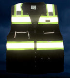 Black Safety Vest, XX-Large, Men's Professional Surveyors Vest with Zipper and Utility Pockets