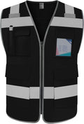 TCCFCCT Reflective Safety Vest 5 Pockets High Visibility Safety Vest for Men Women, Work Vest with Horizontal Strip for Walkie-talkie, Durable and Fashion, Meets ANSI/ISEA Standards, Black, L