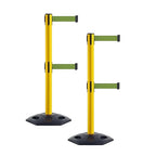 CCW Series WBB-200D - Set of 2 Retractable Dual Belt Stanchion Safety Barrier, Heavy-Duty Rubber Base Yellow Post (9 Foot Belt, Olive Belt)