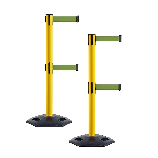 CCW Series WBB-200D - Set of 2 Retractable Dual Belt Stanchion Safety Barrier, Heavy-Duty Rubber Base Yellow Post (11 Foot Belt, Olive Belt)