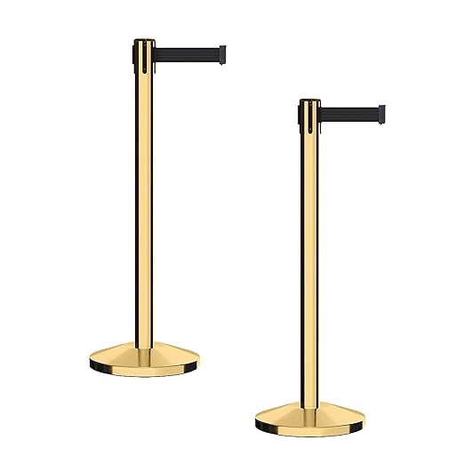 CCW Series RBB-100 - Set of 2 Stanchion Retractable Belt Barriers (11 Foot Belt, Black Belt with Polished Brass Post)