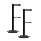CCW Series WBB-200D - Set of 2 Retractable Dual Belt Barrier Stanchion, Heavy Duty Rubber Base, Black Post (7.5 Foot Belt, Black with"Please Wait HERE" White Letters Belt)