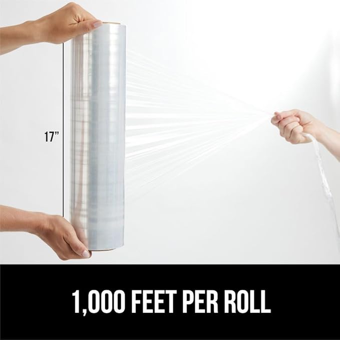 GORILLA GRIP 500% Stretch Film Heavy Duty Plastic, 2 Pack 1000ft Shrink Wrap Rolls 17" Puncture Resistant, Industrial Strength for Pallet Storing, Wrapping, Moving, Packing Furniture Protection Clear