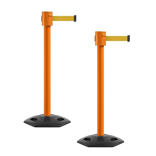 Montour Line MSR760 Set of 2 Retractable Belt Barrier Stanchion, Rubber Base, Orange Post (35 ft Yellow Belt)
