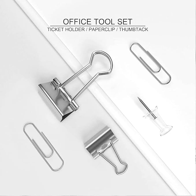Silver Binder Clips and Paper Clips Push Pins Tacks Sets, Total 72 PCS Assorted Sizes Office Supplies Set for Women, Student, School, Home & Desk Supplies