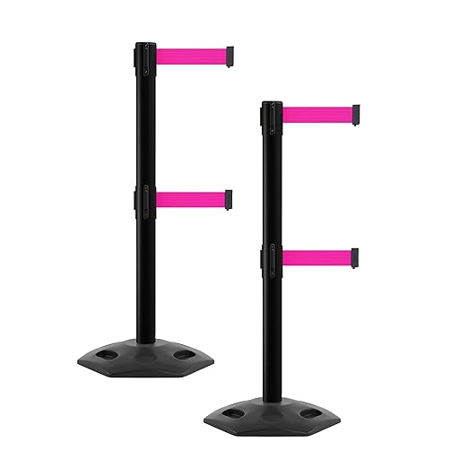 CCW Series WBB-200D - Set of 2 Retractable Dual Belt Barrier Stanchion, Heavy Duty Rubber Base, Black Post (7.5 Foot Belt, Fluorescent Pink Belt)