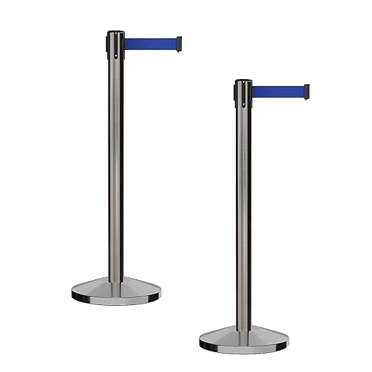 CCW Series RBB-100 - Set of 2 Stanchion Retractable Belt Barriers (7.5 Foot Belt, Dark Blue Belt with Satin Stainless Steel Post)