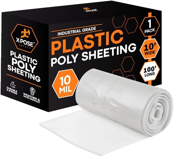 Xpose Safety Clear Plastic Sheeting – 10' x 100' Rolls – Heavy Duty 10 Mil Poly Sheet – Waterproof, Dustproof, Vapor Barrier – for Construction, Painting, Industrial Use