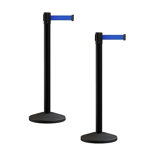 Crowd Control Warehouse CCW Series RBB-100 - Set of 2 Stanchion Retractable Belt Barriers - 9 Foot, Blue Belt with Black Post - Easy Assembly