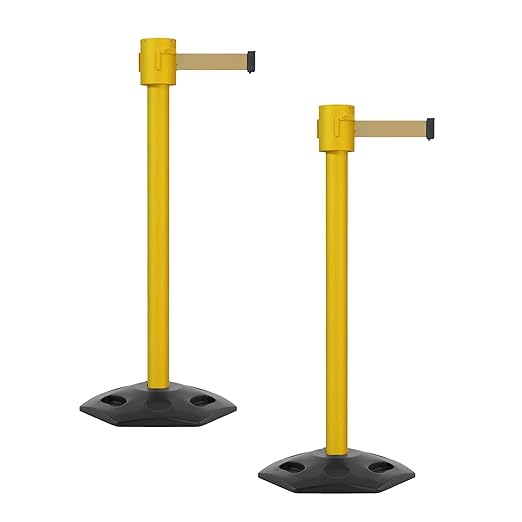 Montour Line MSR760 Set of 2 Retractable Belt Barrier Stanchion, Rubber Base, Yellow Post (35 ft Light Brown Belt)