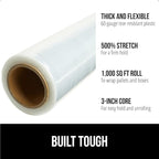 GORILLA GRIP 500% Stretch Film Heavy Duty Plastic, 1000ft Shrink Wrap Roll 24" Puncture Resistant, Industrial Strength for Shipping, Pallet Storing, Moving, Packing Furniture Protection 1 Pack Clear