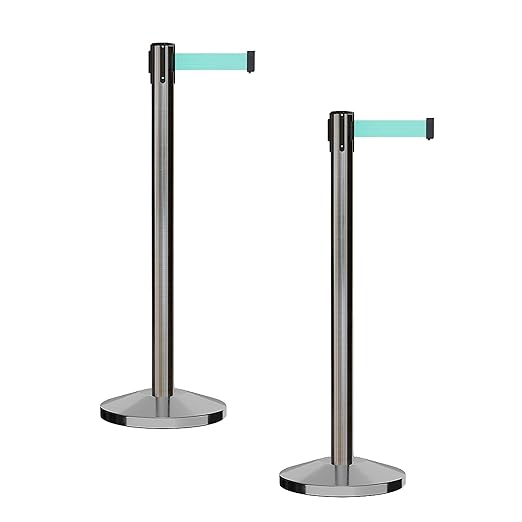 CCW Series RBB-100 - Set of 2 Stanchion Retractable Belt Barriers (7.5 Foot Belt, Light Green Belt with Satin Stainless Steel Post)
