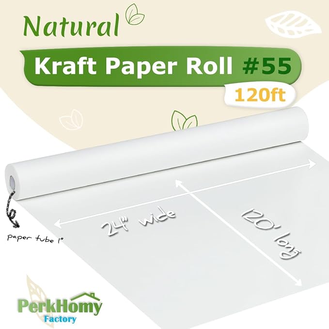 PerkHomy 24" x 1,440" (120') White Kraft Paper Roll for Craft Bulletin Board Paper Art Table Covering Crafting Gift Wrapping Bouquet Packing Parcel 80GSM 55LB (White, 24" x 120')