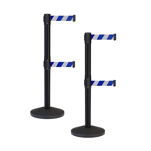 Crowd Control Warehouse CCW Series RBB-100D Set of 2 Stanchion Retractable Belt Barriers - Sloped Base, 9 Foot, Blue and White Diagonal Dual Belt with Black Post - Easy Assembly
