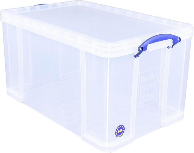 Really Useful Box 84 Liters Storage Container with Snap Lid and Clip Lock Handle for Lidded Home and Item Storage Bins, 2 Pack, Clear