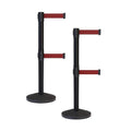 Crowd Control Warehouse CCW Series RBB-100D Set of 2 Stanchion Retractable Belt Barriers - Sloped Base, 9 Foot, Maroon Dual Belt with Black Post - Easy Assembly
