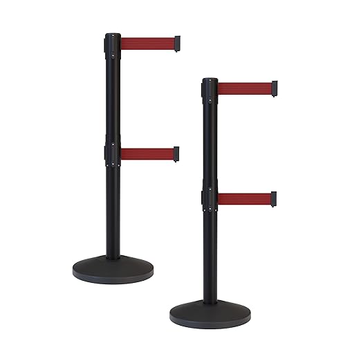 Crowd Control Warehouse CCW Series RBB-100D Set of 2 Stanchion Retractable Belt Barriers - Sloped Base, 9 Foot, Maroon Dual Belt with Black Post - Easy Assembly