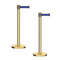CCW Series RBB-100 - Set of 2 Stanchion Retractable Belt Barriers (9 Foot Belt, Black with Horizontal Blue Stripe Belt with Polished Brass Post)