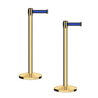 CCW Series RBB-100 - Set of 2 Stanchion Retractable Belt Barriers (9 Foot Belt, Black with Horizontal Blue Stripe Belt with Polished Brass Post)