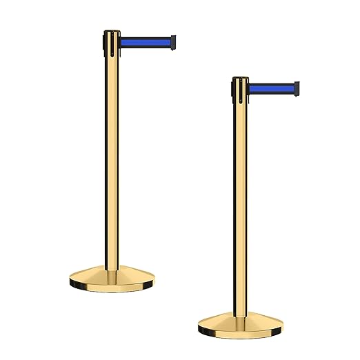 CCW Series RBB-100 - Set of 2 Stanchion Retractable Belt Barriers (7.5 Foot Belt, Black with Horizontal Blue Stripe Belt with Polished Brass Post)