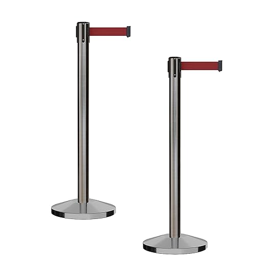 CCW Series RBB-100 - Set of 2 Stanchion Retractable Belt Barriers (11 Foot Belt, Maroon Belt with Satin Stainless Steel Post)