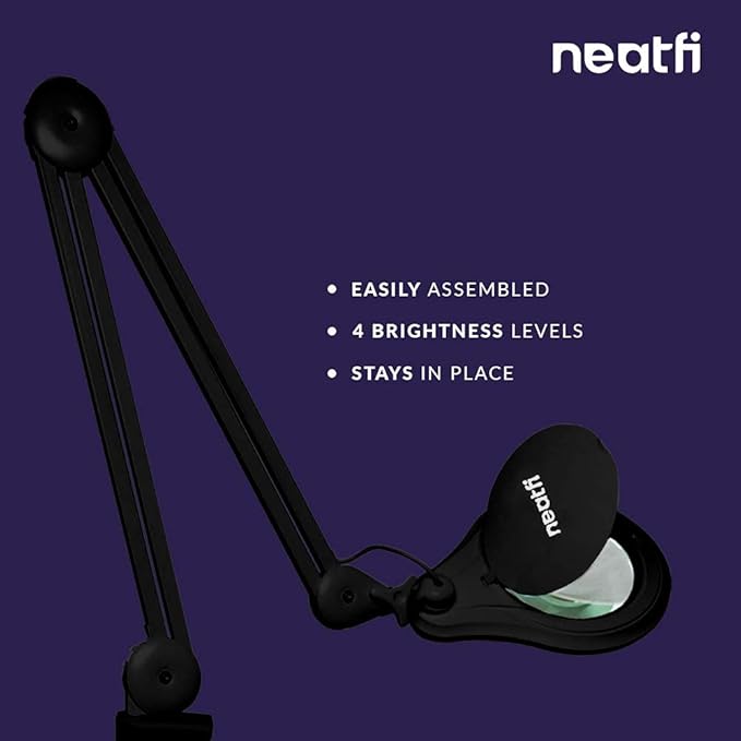 Neatfi 1,200 Lumens Super LED Magnifying Lamp with Clamp, Dimmable, Includes Microfiber Cleaning Cloth, 5 Inch Diameter Lens for Reading, Sewing, Crafting (Black, 5 Diopter)
