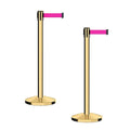 CCW Series RBB-100 - Set of 2 Stanchion Retractable Belt Barriers (9 Foot Belt, Fluorescent Pink Belt with Polished Brass Post)