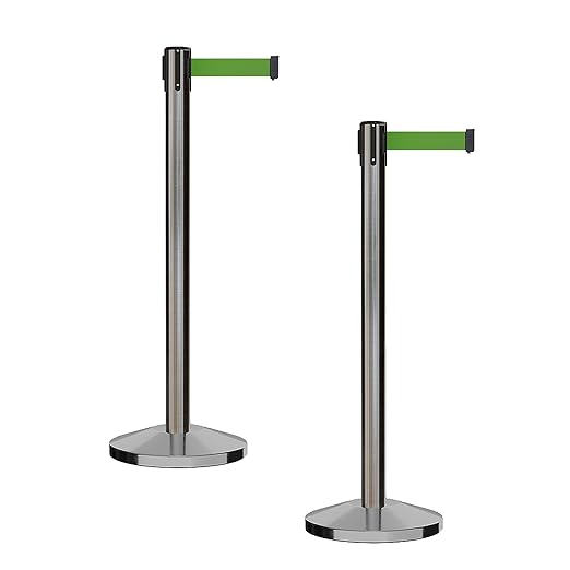 CCW Series RBB-100 - Set of 2 Stanchion Retractable Belt Barriers (11 Foot Belt, Green Belt with Satin Stainless Steel Post)