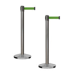 CCW Series RBB-100 - Set of 2 Stanchion Retractable Belt Barriers (11 Foot Belt, Green Belt with Satin Stainless Steel Post)