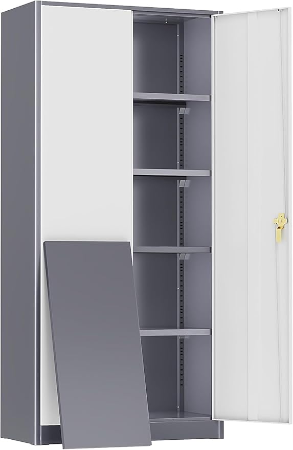 Incbruce 72” Metal Storage Cabinet, Garage Cabinets and Storage System with Doors and Shelves, Tall Lockable Tool Cabinet for Garage, Office, Home (Grey White)