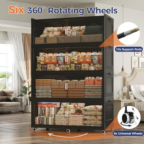 200Gal Extra Large Stackable Storage Bins with Lid, 800Qt Collapsible Storage Box with Wheels, Closet Organizers and Storage Cabinet Container for Home, Kitchen, Office, Bedroom, 4Pack Black