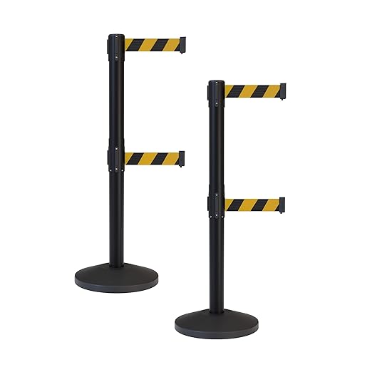 Crowd Control Warehouse CCW Series RBB-100D Set of 2 Stanchion Retractable Belt Barriers - Sloped Base, 11 Foot, Black and Yellow Diagonal Dual Belt with Black Post - Easy Assembly