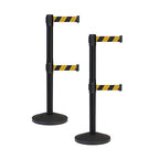 Crowd Control Warehouse CCW Series RBB-100D Set of 2 Stanchion Retractable Belt Barriers - Sloped Base, 7.5 Foot, Black and Yellow Diagonal Dual Belt with Black Post - Easy Assembly