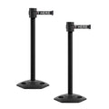 Montour Line MSR760 Set of 2 Retractable Belt Barrier Stanchion, Rubber Base, Black Powder Coated Post (35 ft Black with"Please Wait HERE" White Letters Belt)