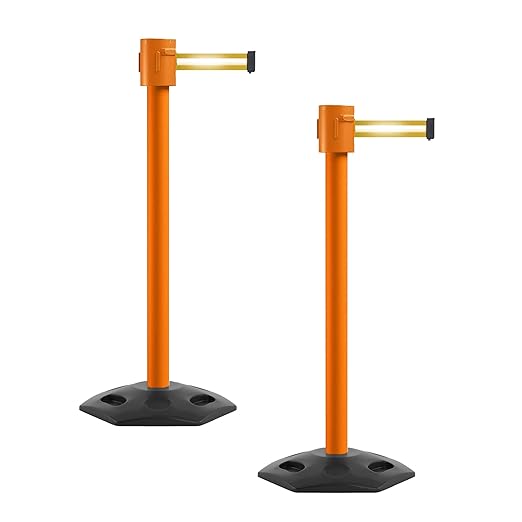 Montour Line MSR760 Set of 2 Retractable Belt Barrier Stanchion, Rubber Base, Orange Post (35 ft Yellow with Horizontal Reflective Stripe Belt)