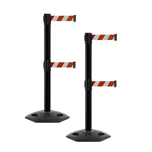 CCW Series WBB-200D - Set of 2 Retractable Dual Belt Barrier Stanchion, Heavy Duty Rubber Base, Black Post (11 Foot Belt, Red and White Diagonal Belt)