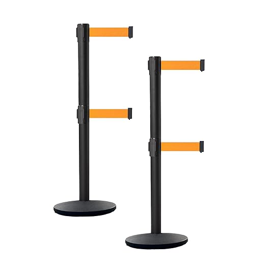 Crowd Control Warehouse CCW Set of 2 Dual Retractable Belt Barrier Stanchion, Cast Iron Base Black Post, IRBB-100D (7.5 Belt, Fluorescent Orange Belt)