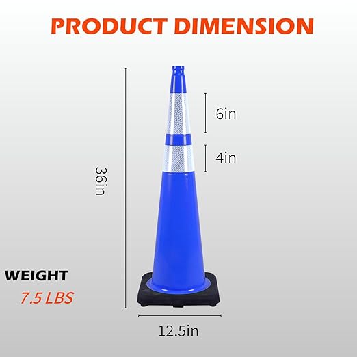 8 Pack 36 Inch Blue Traffic Cones with Reflective Tape, Heavy Duty Black Base Safety Cones for Airports, Warehouses and Large Event Spaces (8, Blue, 36 Inch)
