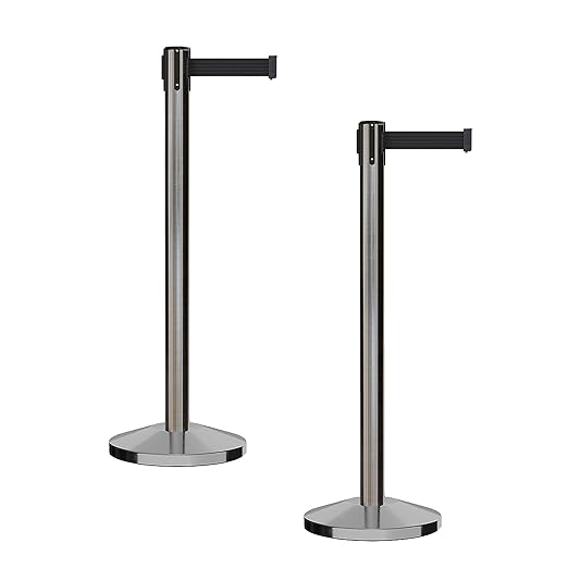 CCW Series RBB-100 - Set of 2 Stanchion Retractable Belt Barriers (9 Foot Belt, Black Belt with Satin Stainless Steel Post)