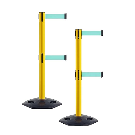 CCW Series WBB-200D - Set of 2 Retractable Dual Belt Stanchion Safety Barrier, Heavy-Duty Rubber Base Yellow Post (7.5 Foot Belt, Light Green Belt)