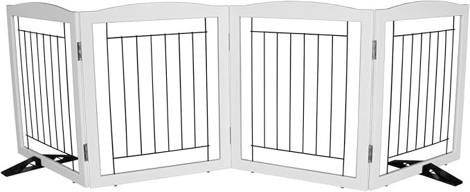 Dog Fence Indoor - 4-Panel Freestanding Dog Gate for Doorways, Hallways, House or Stairs -80x32-Inch Retractable Foldable Expandable Wood Pet by SFJC (White)