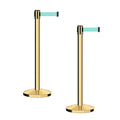 CCW Series RBB-100 - Set of 2 Stanchion Retractable Belt Barriers (7.5 Foot Belt, Light Green Belt with Polished Brass Post)