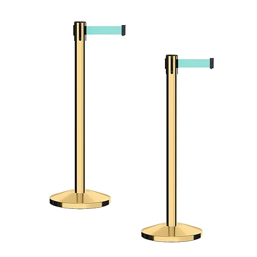 CCW Series RBB-100 - Set of 2 Stanchion Retractable Belt Barriers (11 Foot Belt, Light Green Belt with Polished Brass Post)