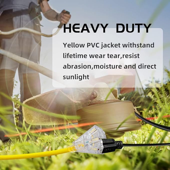 3-Outlets Indoor Outdoor Extension Cord Weatherproof with Lighted End, UL Listed, 10 Gauge 10FT Yellow 3 Prong Heavy Duty, 10/3 SJTW 15A Extension Cord
